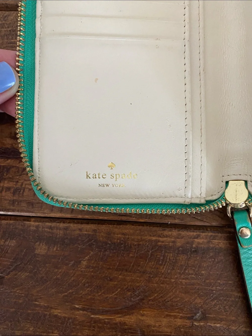 kate spade teal zip-around wristlet with strap